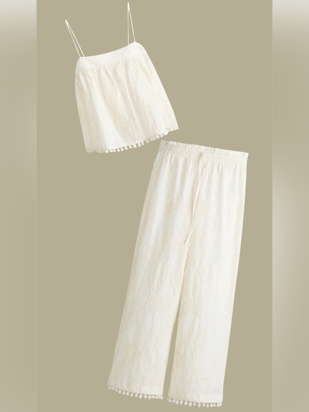 Floral Embroidered Top and Wide Leg Pom Pom Hem Pants Matching Cream Set